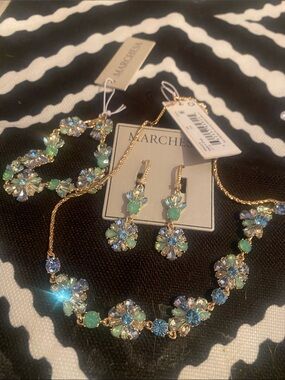 Marchesa Gold-Tone Necklace and Drop Earrings with Aqua and Seafoam Crystals
